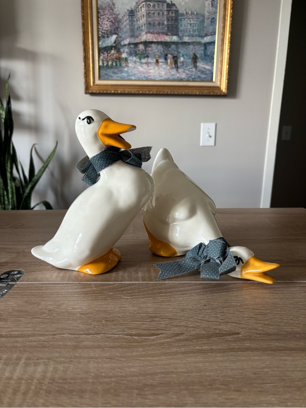 Vintage Ceramic Duck Porch Figurines with Blue Blow